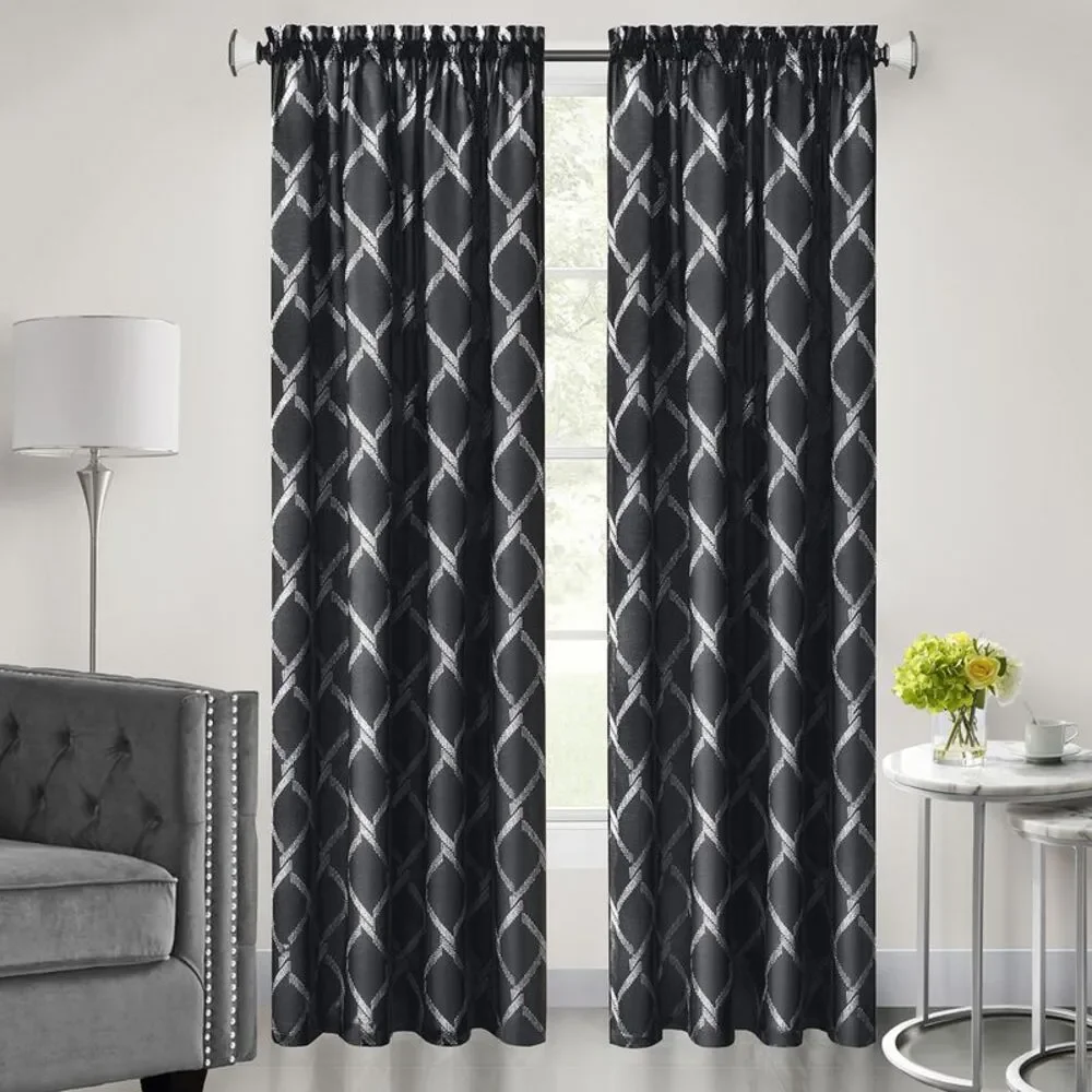 Achim Home Furnishing Bombay Black Contemporary Geometric Window Curtain Panels